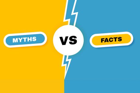 Grafik gelb-blau geteil Mythen vs. Facts