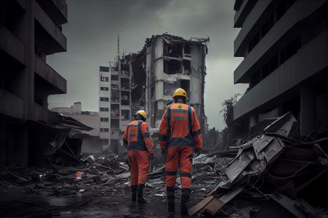 Zwei Helfer stehen vor Truemmern von dem Erdbeben